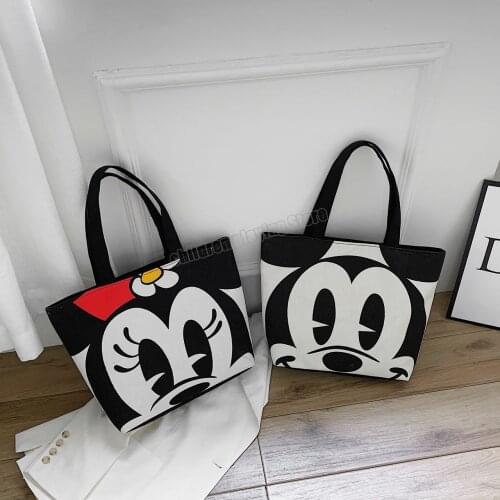 Disney Mickey Mouse Canvas Bag Printed Handbag Women Shoulder Bag Cartoon Canvas Summer Beach Bag Daily Use Female Shopping Bag