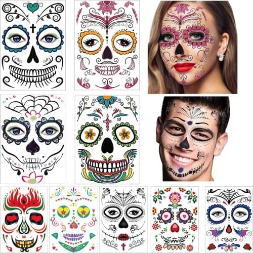 Day of the Dead, Skeleton Face Tattoo, 9 Sheets Sugar Skull, Glitter Red Roses Day of the Dead Sugar Skull Temporary Face Tattoo
