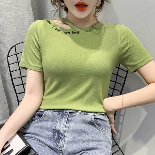 Korean O Neck short Sleeve Shirt Women Ribbed Sexy Tops 2021 summer Casual Skinny Slim literal embroidery Basic Woman T Shirts