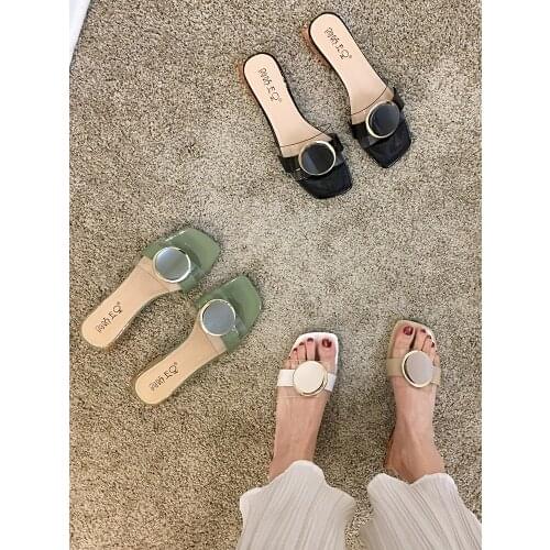 Womens shoes slippers outdoor 2020 summer new retro metal round buckle square head casual mid heel sandals