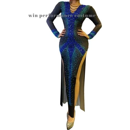 Blue Rhinestones Birthday Skinny Formal Festival Slim Elastic Long sleeveSexy Split Dress Costumes Women Evening Stage Wear