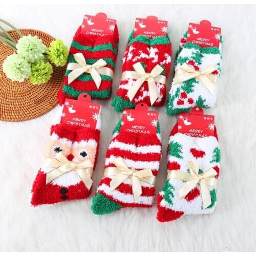 2018 Bow Warm Coral Velvet Socks Christmas Socks Home Sleep Towel Socks Wholesale 12pair/lot
