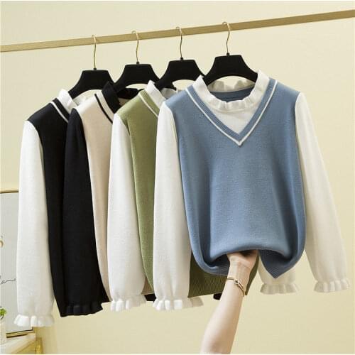 2021 fashion new autumn and winter Korean version loose outer wear wild fake two-piece Japanese sweater knitted top women