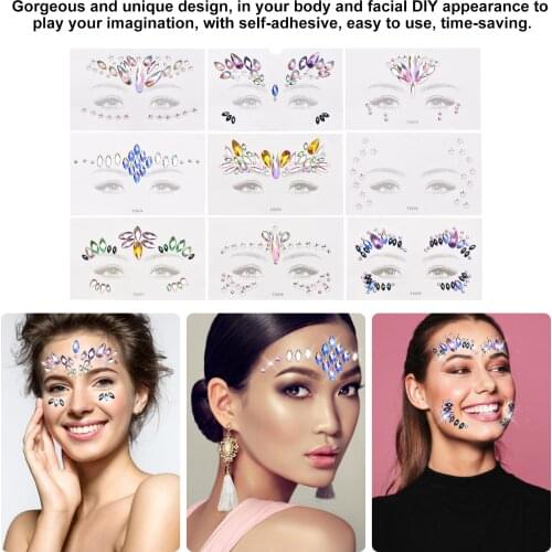 9 Pcs DIY Face Stickers Gems Mermaid Face Gemstones Stickers Reusable & Waterproof Suitable For Music Festivals & Halloween