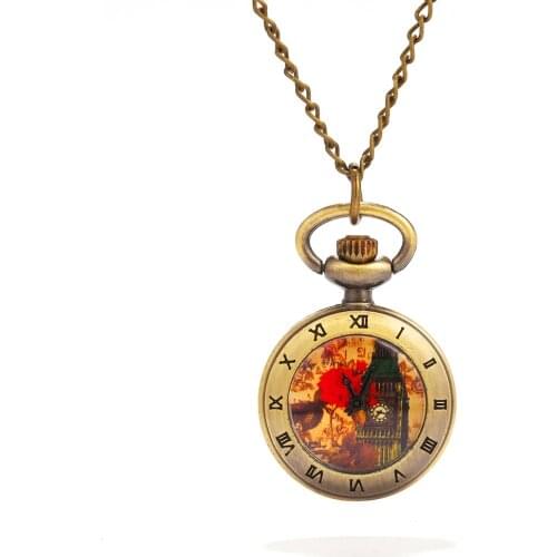0 Large bronze red bell tower Roman scale pocket watch personality creative retro gift quartz pocket watch with necklace