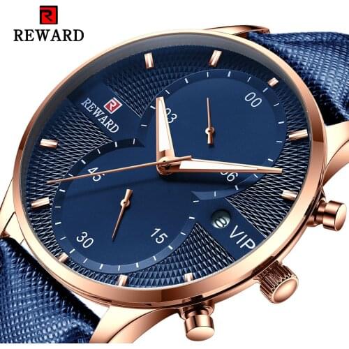 REWARD Rose Gold Quartz Wrist Watches for Men Blue Leather Band Calendar Display Grid Dial Design Business Watch Male