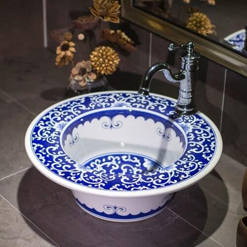 Jingdezhen factory directly art hand painted ceramic wash basin bathroom sinks blue and white