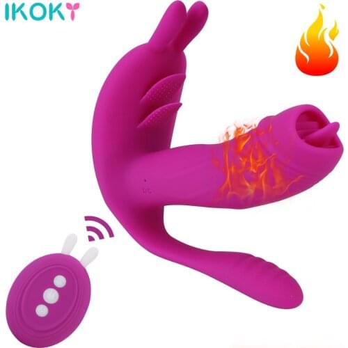 IKOKY Tongue Licking Vibrator Clitoris Stimulator Heated Dildo Female Masturbator 3 In 1 12 Modes Sex Toys for Women Anal Plug
