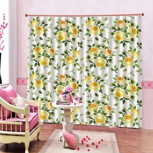 Customized 3D Curtain 2 Panels with Hooks Floral Watercolor Bright Summer Pattern Yellow Flowers and Green leaves Drapes Decor