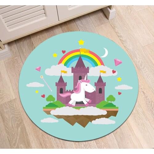 Unicorn And Rainbow Castle On Island Round Childrens Room Carpet Living Room Floor Area Rugs Bathroom Non-Slip Cushion Door Mat