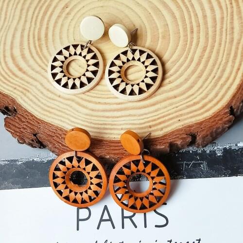 Fashioners ethnic retro wooden earrings pendant geometric printing temperament personality exaggerated ear accessories wholesale