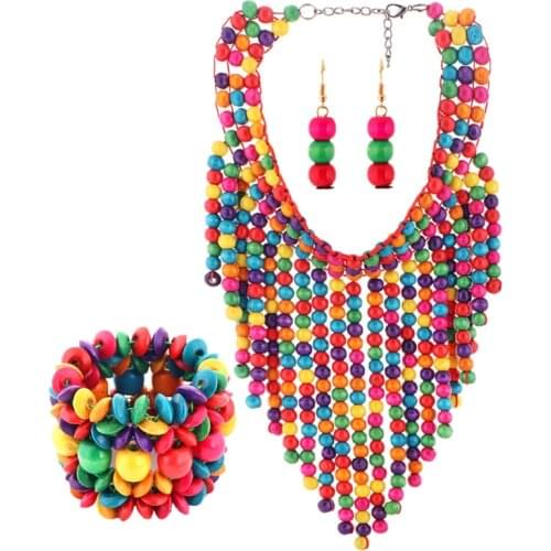 Fashion Jewelry Sets Wooden Beads Tassel Bib Choker Pendants Necklace Women Bracelet Earrigs Sets for Wedding Party Engagement
