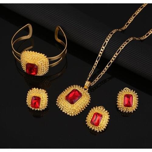 Trendy Blue Red Green Stone Ethiopian Bride Wedding African Eritrea Habesha Trendy Jewelry Sets