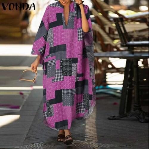 Printed Sundress Women'Casual Dress Bohemian Long Robe Vintage V Neck Long Sleeve Long Maxi Dress VONDA Holiday Vestido S