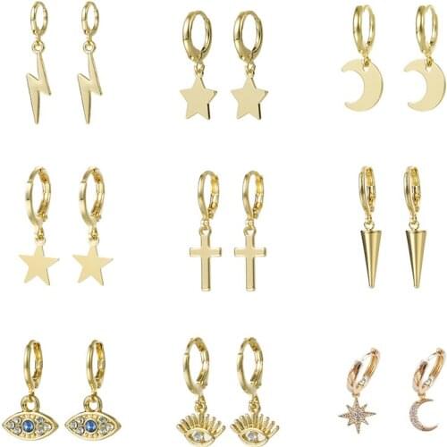 Moon Star Cross Lock Drop Earrings for Women Gold Metal Simple Earrings Piercing Huggies 2020 New Bijoux
