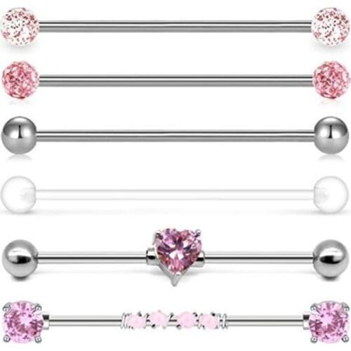 6PC 14G Industrial Barbell Surgical Steel Cartilage Earrings CZ Industrial Earring Crystal Ferido Industrail Piercing 38mm