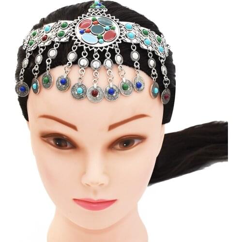 Turkish Coin Head Chains Headbands Colorful Stone Beaded Bridal Headpiece Gypsy Tribal Indian Jewelry Wedding Hair Accessories