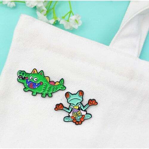 Green frog crocodile Enamel Brooch Cartoon cute animal Lapel Pin Happy and sad Creative jewelry Badge