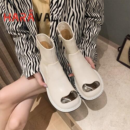 HARAVAL Women Ankle Boots Shoes Round Toe White Black Motorcycle Boots Genuine Leather Elegant Spring Autumn Solid Boots E352L