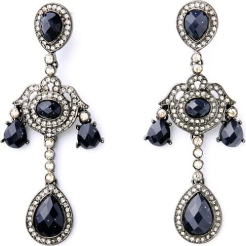 Vintage Style Long Earring For Women Diamante Dark Blue Resin Water Drop Earring Factory Direct Sale