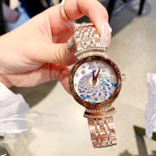 Brand Fashion Women Jewelry Watches Elegant Crystals Peacock Watch Steel Bracelet Wrist watch Quartz Enamel Montre Femme 3Bar