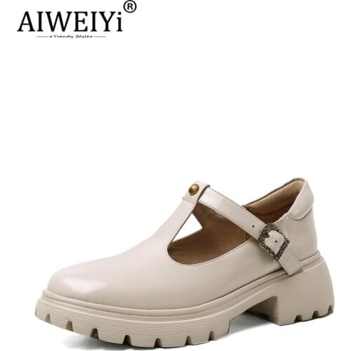 AIWEIYi Women Shoes High Heels Spring Autumn Mary Jane Shoes Platform Genuine Leather Shallow Mouth Thick Heeled Shoes