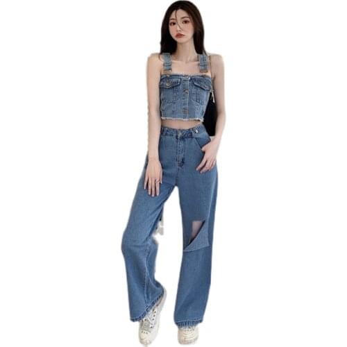 2021 New product Streetwear Denim Women 2 Pices Sets V-Neck Puff Sleeve Crop Top and High Waist Button Pants Suits Outfits Femme