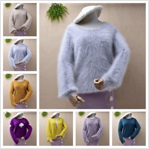 Ladies women fashion hairy o-neck mink cashmere knitted long sleeves slim pullover angora rabbit fur winter jumper sweater tops