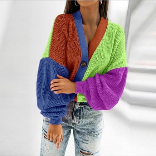 Winter Sexy V Neck Button Cardigan Tops Casual Long Sleeve Womens Knitted Sweaters Autumn Loose Colorful Patchwork Knit Sweater
