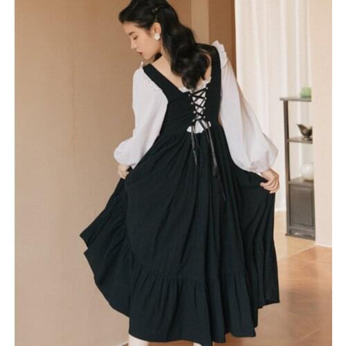 Cottage Style Bandage Black Dress Vintage Lantern Sleeve Square Collar Ruffles Princess Dresses Retro Vestido Negro Robe Noir