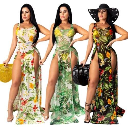 2021 New Women’s Sexy Perspective Bikini Smock Cover-Ups Summer Fashion Plant Printed High-waist Sleeveless Long Beach Dress
