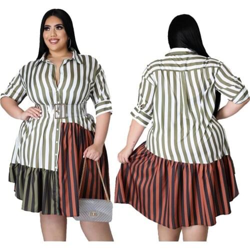 Echoine Plus Size Shirt Dress Multicolor Stitching Striped Pleated Skirt Collect Waist One-piece Dress for Women