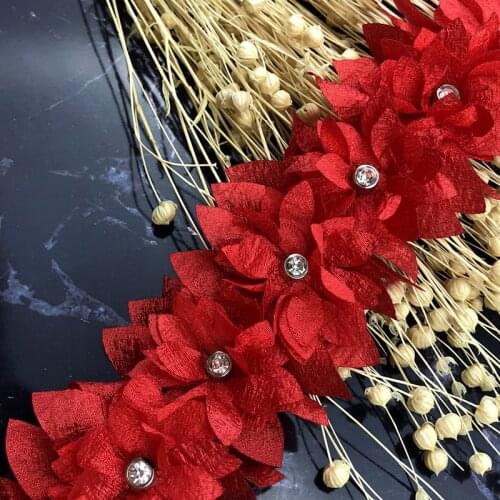 1 yard Red Lace Ribbon Pearl Diamond 3D Flower Leaf Embroidered Lace Trim Fabric Sewing Craft DIY For Costume Wedding Dress Clothes Hat Decoration