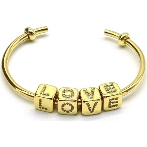 2PCS/LOT Cubic Zirconia Initial Cube Bracelet Open Cuff Bangles