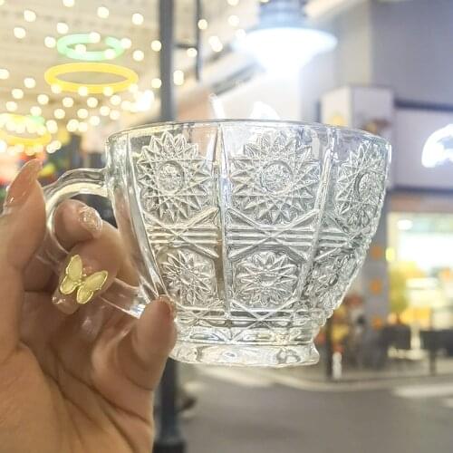 200ML Nordic Coffee Cup Saucer Set Retro Relief Glass Coffee Mug Flower Tea Cup Home Restaurant Cafe Milk Latte Cup Drinkware
