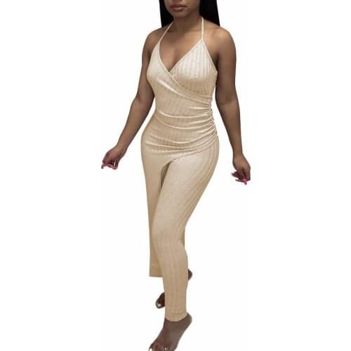 2021 Jumpsuit Women Casual Halter Knit Rib Ruched Bodycon Jumpsuit Sexy V Neck Backless Bandage Jumpsuit Overalls for Women