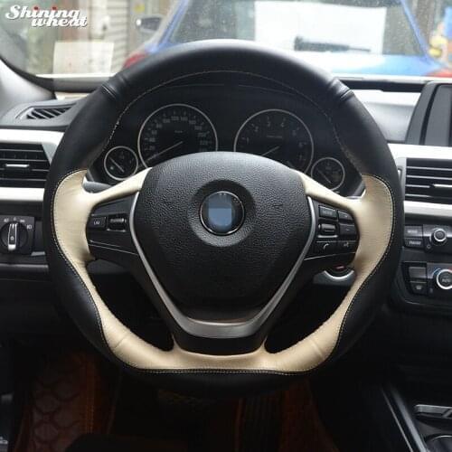 BANNIS Black Beige Leather Hand-stitched Car Steering Wheel Cover for BMW F30 320i 328i 320d F20