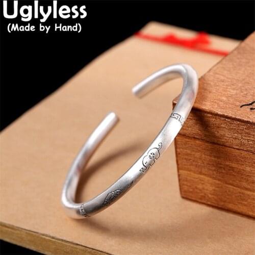Uglyless Genuine Ag999 Pure Silver Round Stick Bangles for Women 5MM Thick Thai Silver Bangles Ethnic Clouds Elephants Jewelry