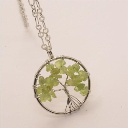 Natural Stone Beads Olive Green Gravel Tree Round Shape Silver Plated Chain Long Necklace Sweater Chain Accessories Pendant Y626