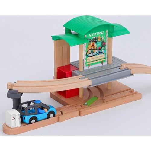 Wooden Train Track Station Diecast Parking Set Wooden Railway Accessories Car Toys Tracks Educational Toys Boys Gifts Dropship