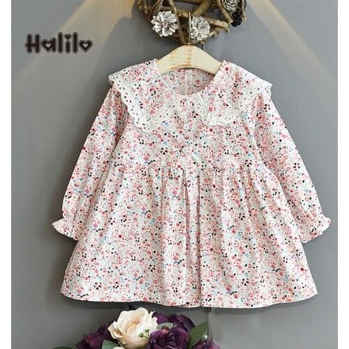 Halilo Floral Girls Dresses Long Sleeve Autumn 2021 Peter Pan Collar Princess Costume Christmas Boutique Kids Clothing