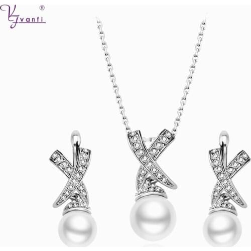 Kfvanfi Two Tone Silver Color Pendant Rhinestone Earrings Cross Necklace Pearl Jewelry Set Women Jewellery For Wedding Party