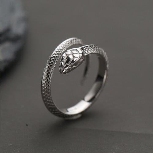 Retro Thai Silver Snake Ring Animal Trendy Personality Adjustable Ring for Women and Men