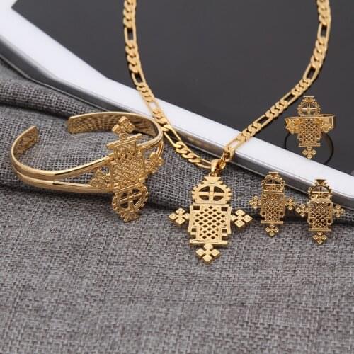 New Arrival Ethiopian Jewelry Sets 14 k Solid Gold FINISH Ring Necklace bracelet African /Ethiopian /Eritrean /Habesha