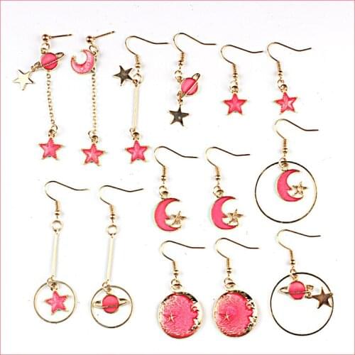 Korean Romantic Pink Enamel Drop Earrings Universe Planet Star Moon Asymmetric Dangle Earrings For Women Jewelry Female Gift