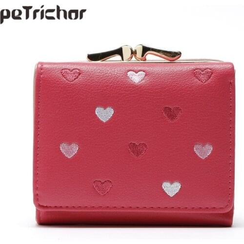 Korean Style Women Short Wallet PU Hasp Coin Purse Credit Card Heart Shaped Female Wallets Lady Small Purses High Quality