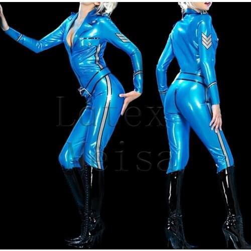 Bling metallic blue latex military uniform catsuit including belt for women