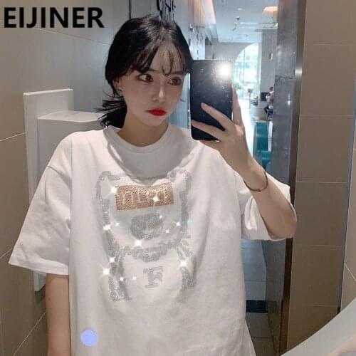 Crystal Hot Diamond Cartoon Print Mid-Length T-Shirt Women White Fashion Korean Oversized Harajuku Aesthetic Clothes Top Summer