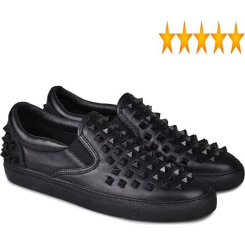 Genuine Street Leather Loafers White Sneakers Breathable Rivet Casual Round Toe Slip On Flat Shoes Men Luxury Mocassin Homme