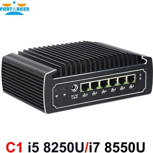 Partaker 8th Gen i5 8250U Quad Core Fanless Mini Computer Barebone System with 6*1000M Lan i7 8550U Mini PC pfSense Firewall PC